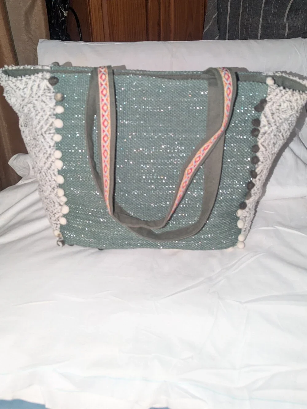 America & Beyond Green Llama Embroidered Tote Bag with Pom Trim